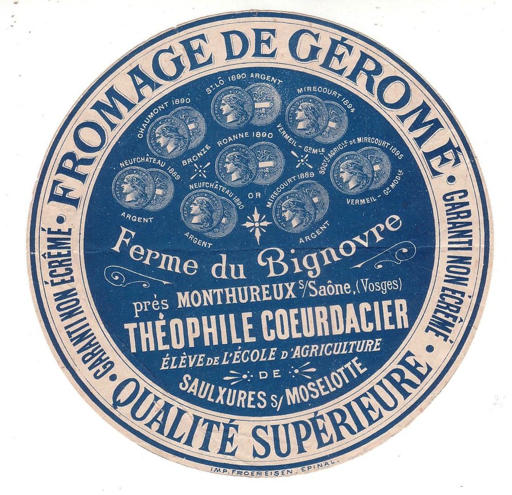 Etiket van de Géromé-kaas van Théophile Coeurdacier, met zijn medailles 1889-1895